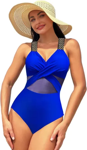 Tummy Control Swimsuits for Women Sleeveless Halter/Spaghetti Straps One Piece Swimsuit Bathing Suit Padded Swimwear