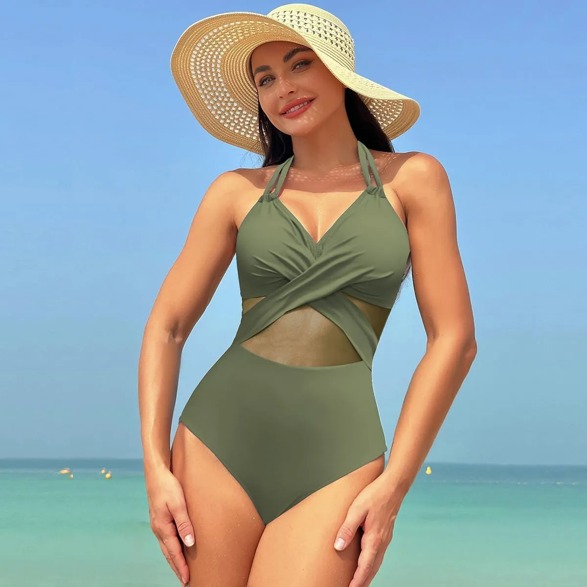 Tummy Control Swimsuits for Women Sleeveless Halter/Spaghetti Straps One Piece Swimsuit Bathing Suit Padded Swimwear