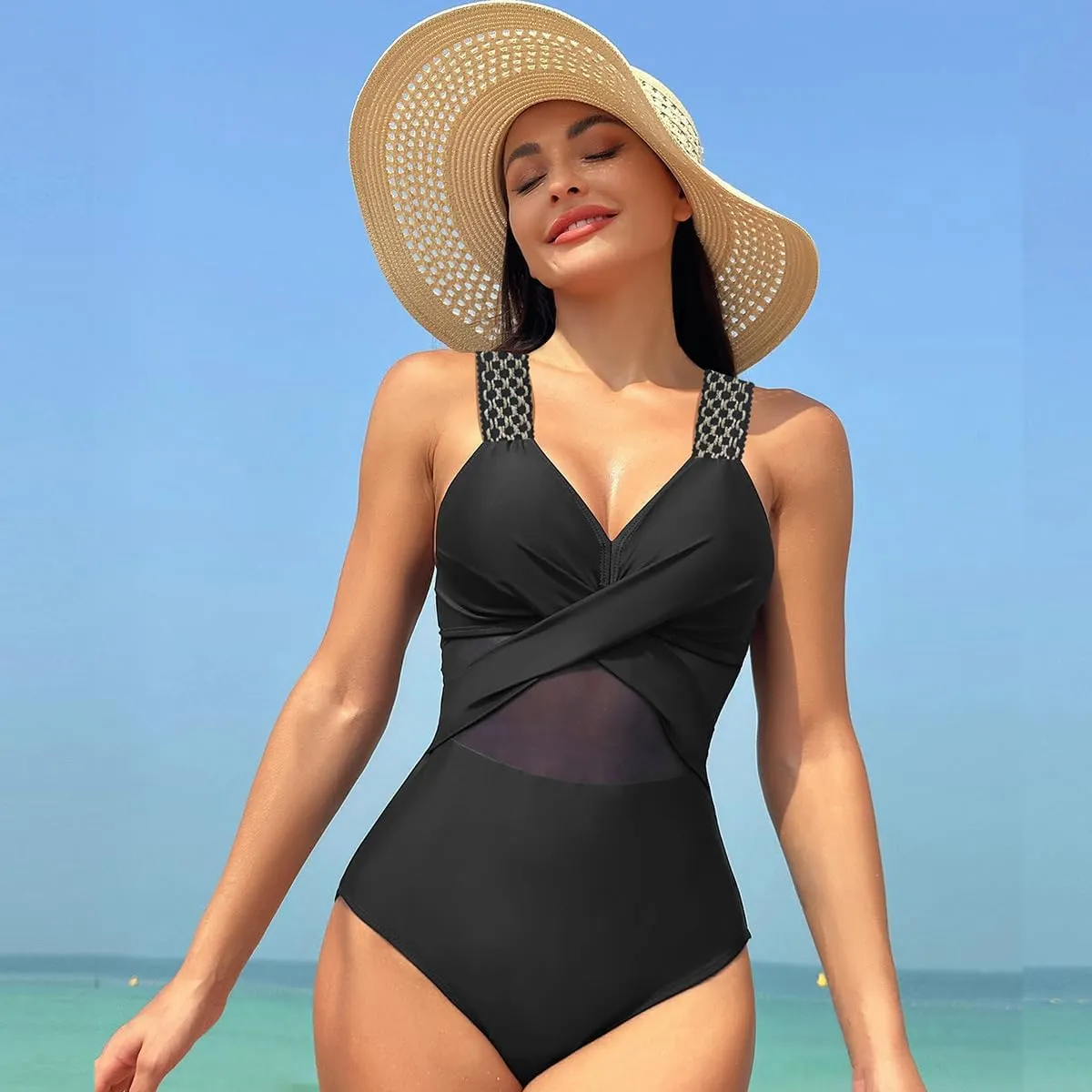 Tummy Control Swimsuits for Women Sleeveless Halter/Spaghetti Straps One Piece Swimsuit Bathing Suit Padded Swimwear