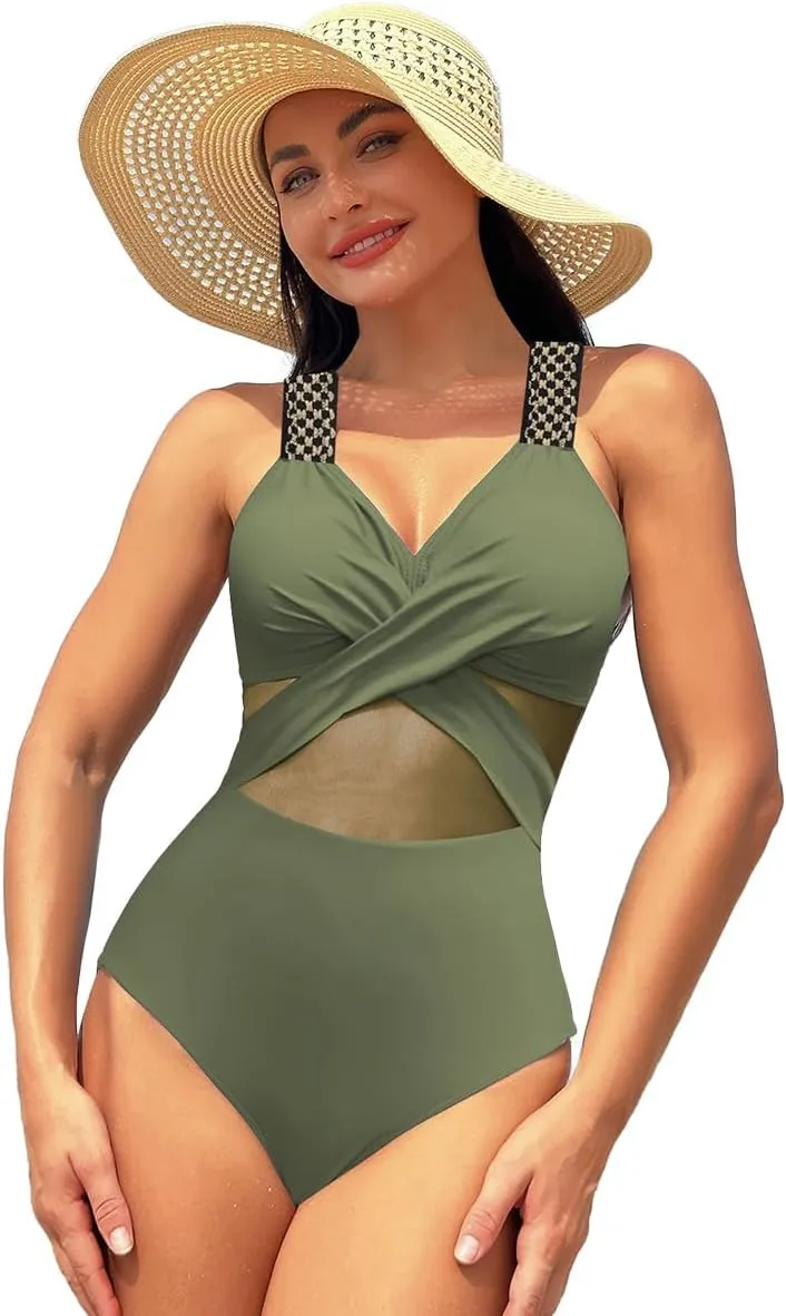 Tummy Control Swimsuits for Women Sleeveless Halter/Spaghetti Straps One Piece Swimsuit Bathing Suit Padded Swimwear