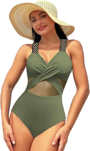 Tummy Control Swimsuits for Women Sleeveless Halter/Spaghetti Straps One Piece Swimsuit Bathing Suit Padded Swimwear