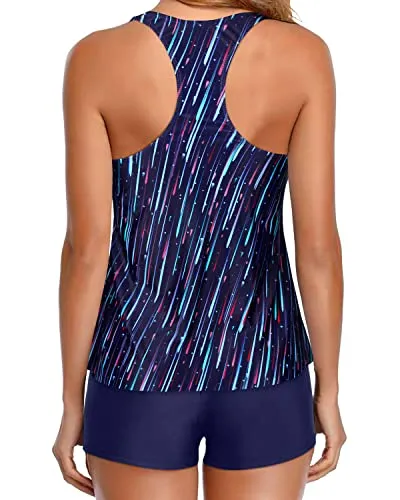 Tummy Control Tank Tops Swimwear 2 Piece Swimsuit For Women-Navy Blue