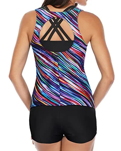 Tummy Control Tankini 3 Piece Swimsuits For Women-Color Oblique Stripe
