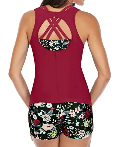 Tummy Control Tankini Boy Shorts For Teens-Red Flowers