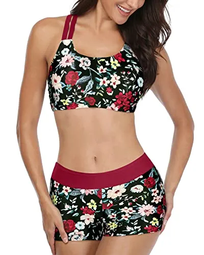 Tummy Control Tankini Boy Shorts For Teens-Red Flowers