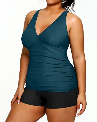 Tummy Control Tankini Plus Size Swimsuits Shorts Two Piece Bathing Suits-Teal And Black