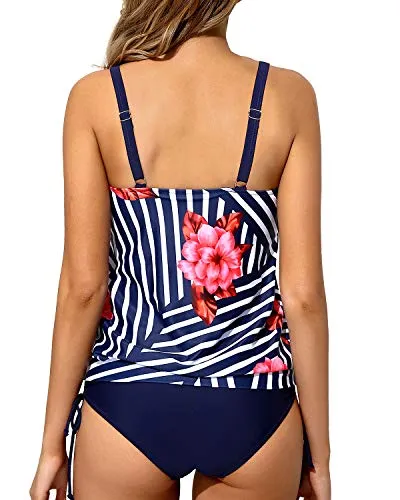 Tummy Control Two Piece Swimsuits For Women With Blouson Tankini Top-Blue Floral
