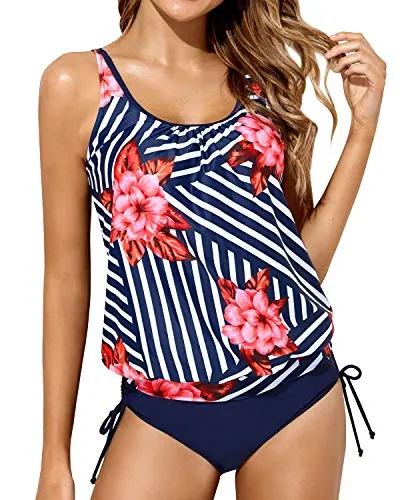 Tummy Control Two Piece Swimsuits For Women With Blouson Tankini Top-Blue Floral