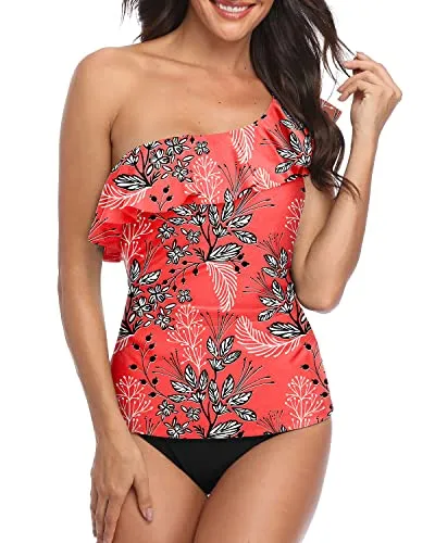 Tummy Flattering Bathing Suits One Shoulder Swimsuits For Women-Red Floral