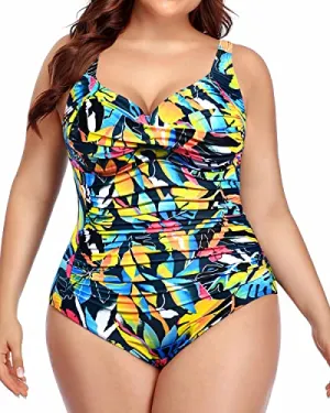 Twist Front Push Up Swimsuits For Women Plus Size-Black Leaves