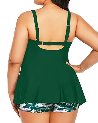 Twist Front Tummy Control Plus Size Tankini Swimsuit For Ladies-Green Floral