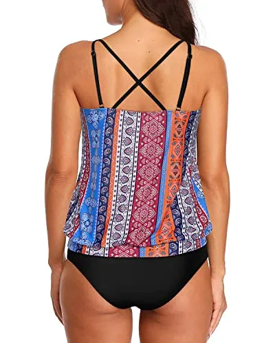 Two Piece Athletic Swimwear Set Elastic Band For Women's Casual Swim-Black Tribal