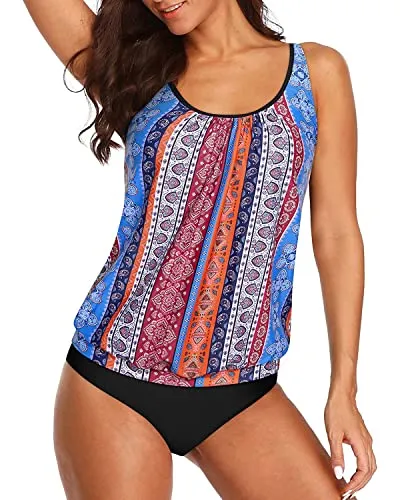 Two Piece Athletic Swimwear Set Elastic Band For Women's Casual Swim-Black Tribal