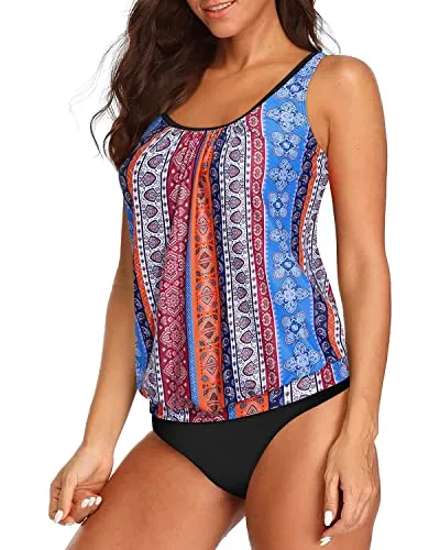 Two Piece Athletic Swimwear Set Elastic Band For Women's Casual Swim-Black Tribal