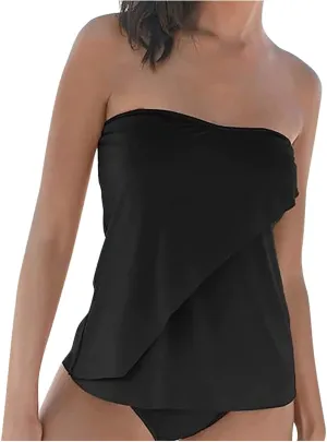Two Piece Bandeau Tankini Swimsuits for Women Loose Blouson Strapless Swim Top with Bikini Bottom Bathing Suits