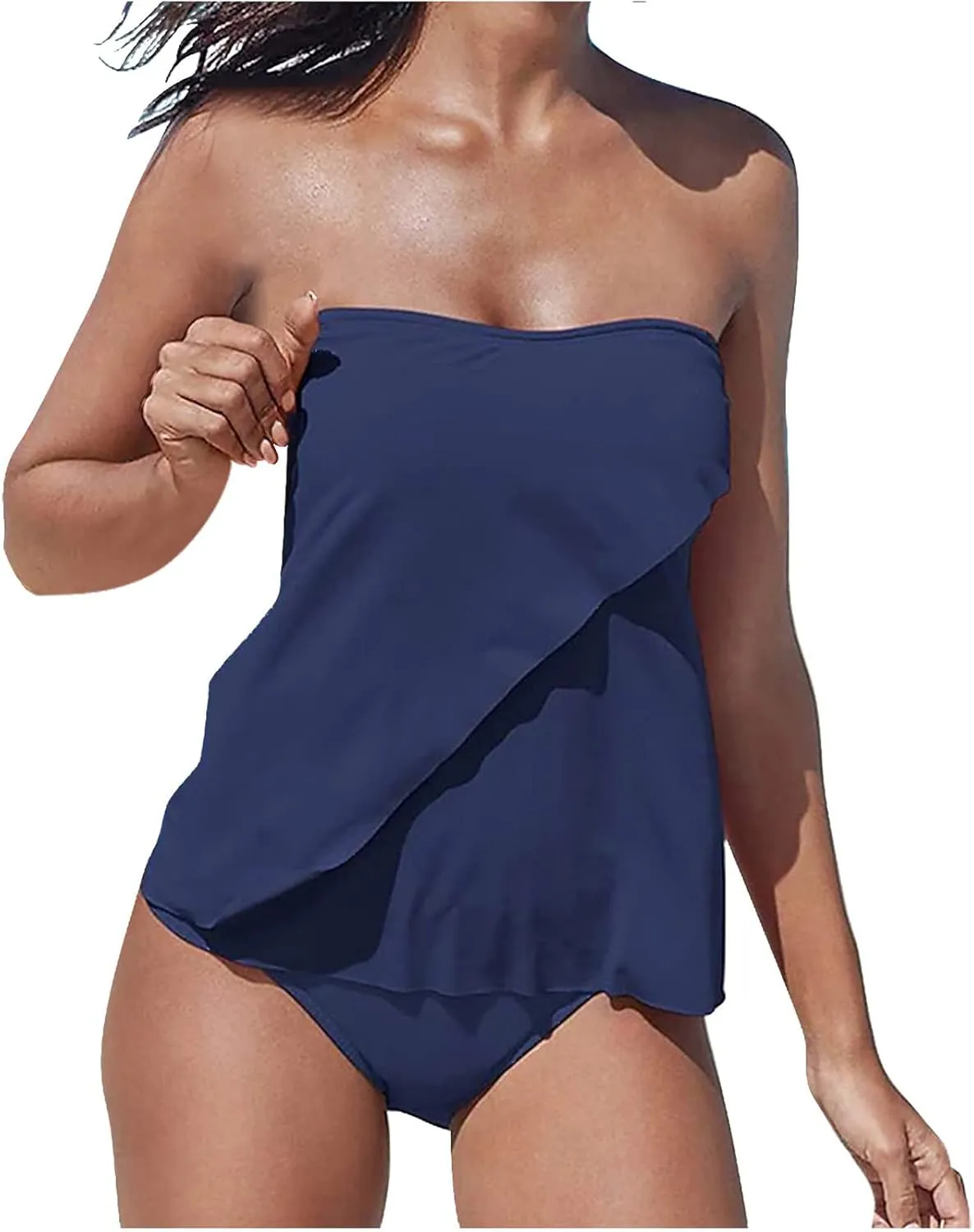 Two Piece Bandeau Tankini Swimsuits for Women Loose Blouson Strapless Swim Top with Bikini Bottom Bathing Suits