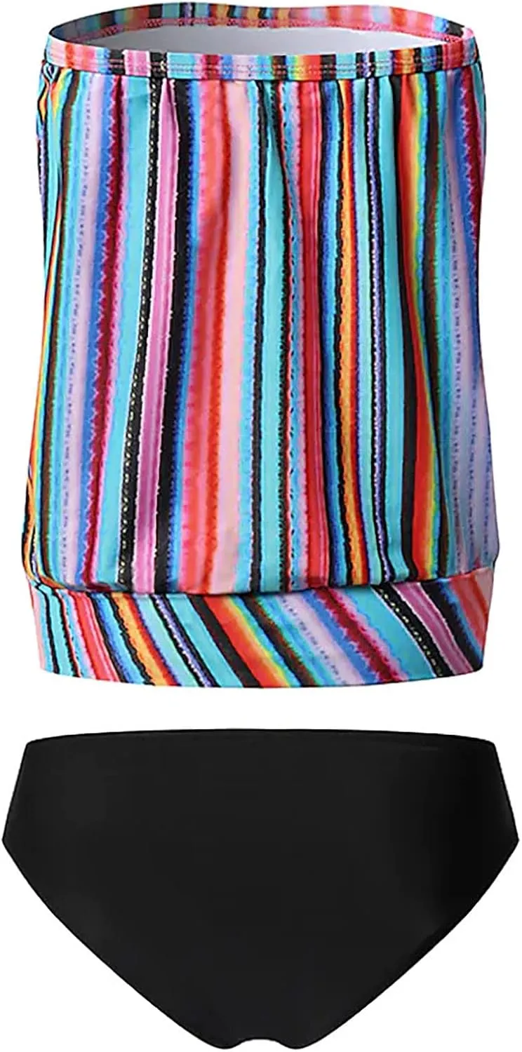 Two Piece Bandeau Tankini Swimsuits for Women Loose Blouson Strapless Swim Top with Bikini Bottom Bathing Suits