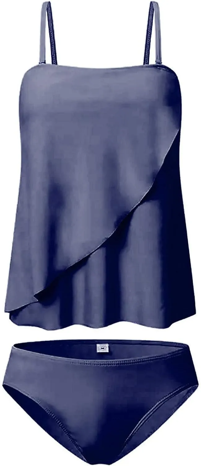 Two Piece Bandeau Tankini Swimsuits for Women Loose Blouson Strapless Swim Top with Bikini Bottom Bathing Suits
