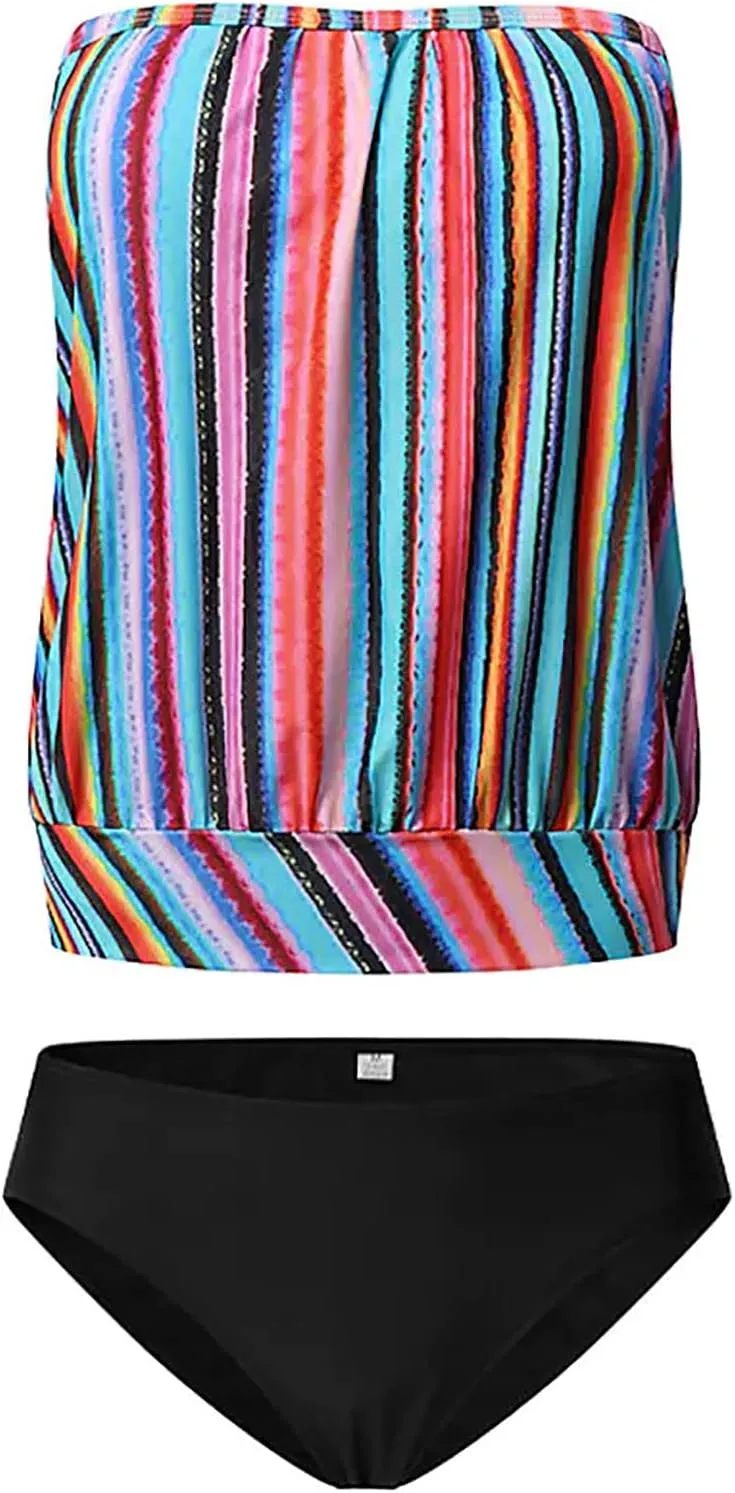 Two Piece Bandeau Tankini Swimsuits for Women Loose Blouson Strapless Swim Top with Bikini Bottom Bathing Suits