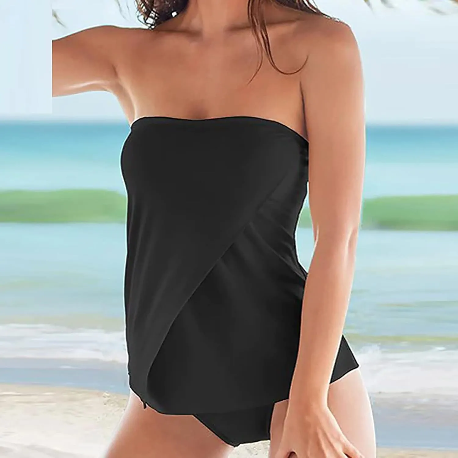 Two Piece Bandeau Tankini Swimsuits for Women Loose Blouson Strapless Swim Top with Bikini Bottom Bathing Suits
