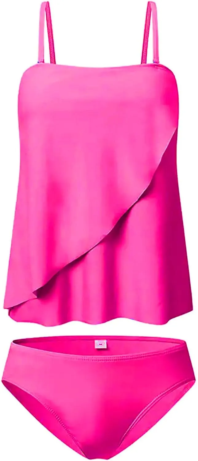 Two Piece Bandeau Tankini Swimsuits for Women Loose Blouson Strapless Swim Top with Bikini Bottom Bathing Suits