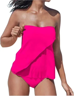 Two Piece Bandeau Tankini Swimsuits for Women Loose Blouson Strapless Swim Top with Bikini Bottom Bathing Suits