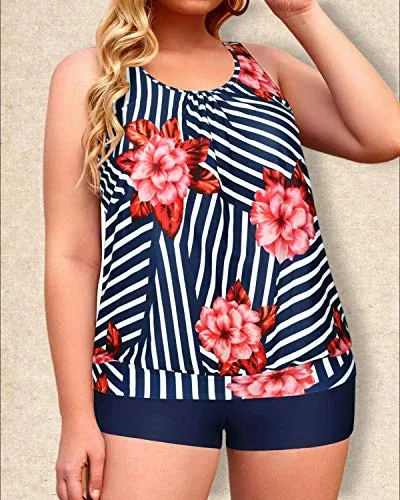 Two Piece Bathing Suits Plus Size Tankini Swimsuits For Women-Blue Floral