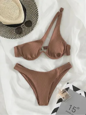 Two-Piece Bikini Set One Shoulder Cut Bra & High Cut Undies Suits