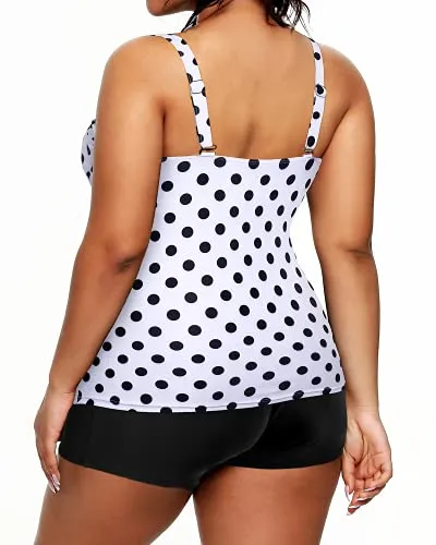 Two Piece Deep V Neck Plus Size Swimsuits Shorts Tummy Control Tankini-Black Dot
