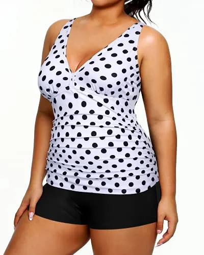 Two Piece Deep V Neck Plus Size Swimsuits Shorts Tummy Control Tankini-Black Dot