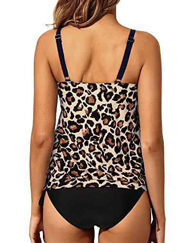 Two Piece Drawstring Self Tie On Both Sides Tankini Swimsuits-Black And Leopard