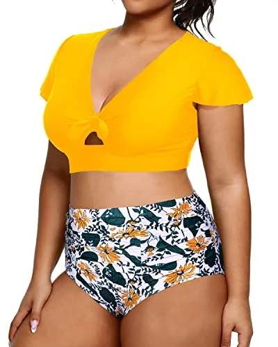 Two Piece Plus Size Bikini Set High Waisted Swimsuit For Women-Yellow Floral
