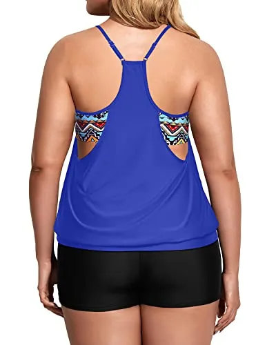 Two Piece Plus Size Tankini Set Swimsuits With Tummy Control-Blue