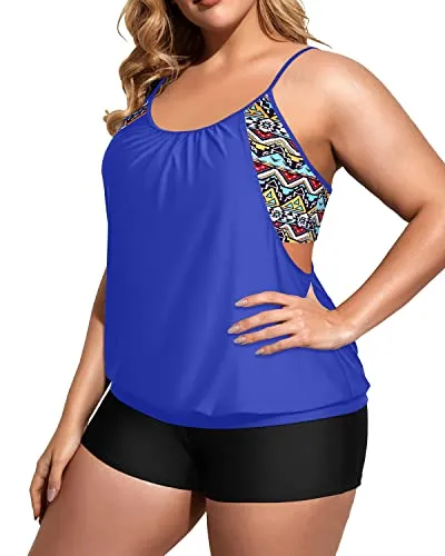 Two Piece Plus Size Tankini Set Swimsuits With Tummy Control-Blue