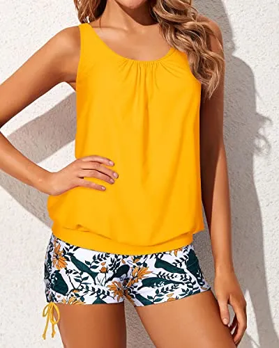Two Piece Tankini High Waisted Boyshorts Blouson Tankini Swimsuits-Yellow Floral