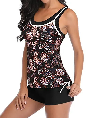 Two Piece Tankini Swimsuits Shorts Athletic Bathing Suits Slimming Swimwear-Black Tribal