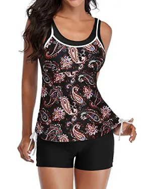 Two Piece Tankini Swimsuits Shorts Athletic Bathing Suits Slimming Swimwear-Black Tribal