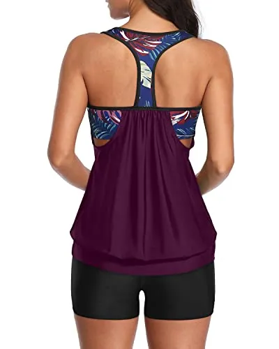 Two Piece Tankini Swimsuits Tummy Control Boyshorts For Women-Wine Red Leaves
