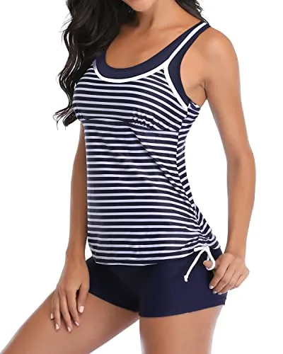 Two Piece Tankini Top Shorts Flattering Swimsuits For Women-Blue White Stripe