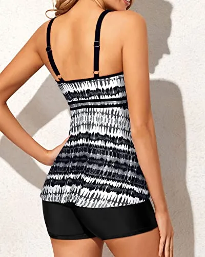 U Neck Slimming Swimsuits Two Piece Tankini Bathing Suits For Women-Black And White Tribal
