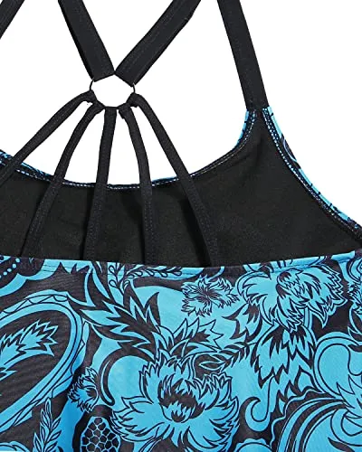 U Neck Tankini Top With Removable Padded Bra Womens Tankini Swim Top-Blue Paisley