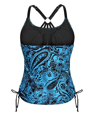 U Neck Tankini Top With Removable Padded Bra Womens Tankini Swim Top-Blue Paisley