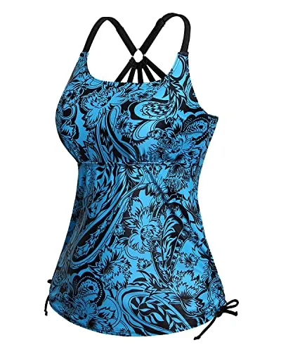 U Neck Tankini Top With Removable Padded Bra Womens Tankini Swim Top-Blue Paisley