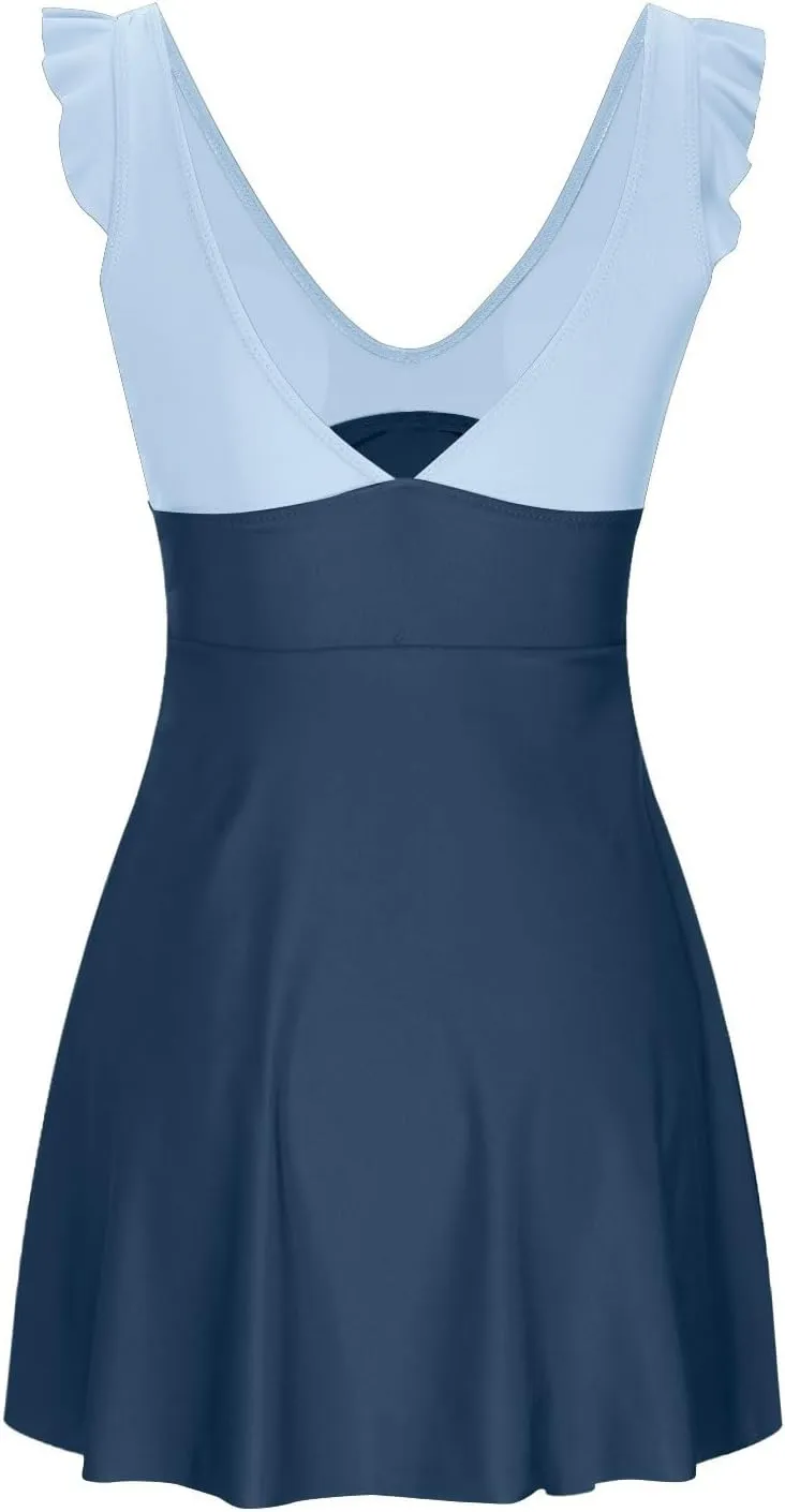 Uillui Tummy Control One Piece Swimsuit Women Ruffle Swimdress V Neck Twist Backless Bathing Suit Cutout Swimwear with Skirt