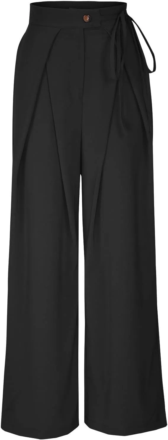 Uillui Womens Casual Long Pants Ruched High Waist Palazzo Trousers Lightweight Straight Wide Leg Pants Lace-Up Button Slacks
