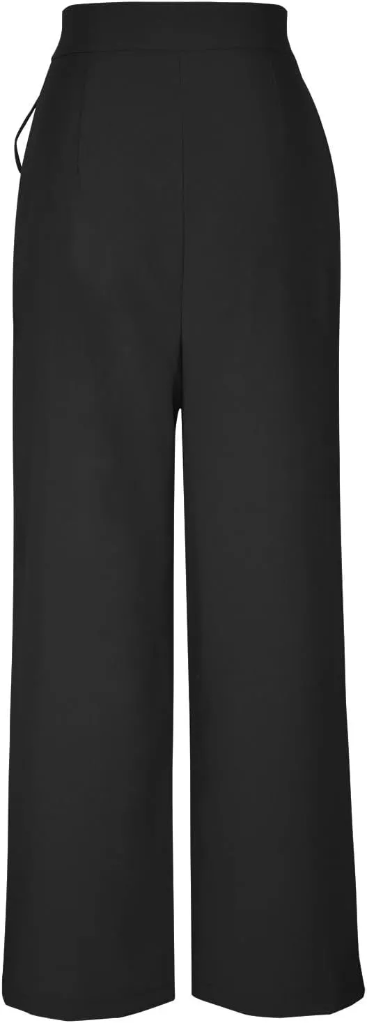 Uillui Womens Casual Long Pants Ruched High Waist Palazzo Trousers Lightweight Straight Wide Leg Pants Lace-Up Button Slacks