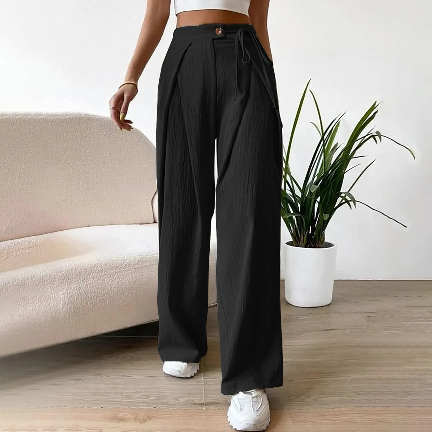 Uillui Womens Casual Long Pants Ruched High Waist Palazzo Trousers Lightweight Straight Wide Leg Pants Lace-Up Button Slacks