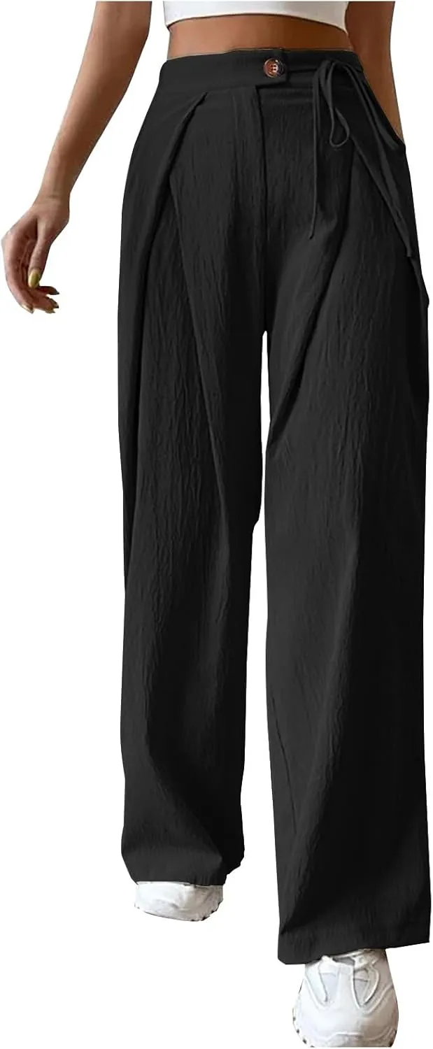 Uillui Womens Casual Long Pants Ruched High Waist Palazzo Trousers Lightweight Straight Wide Leg Pants Lace-Up Button Slacks