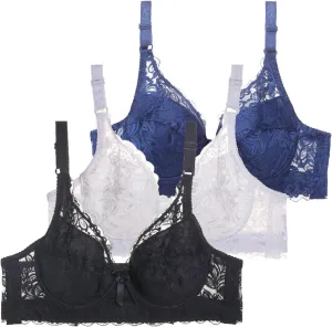 Underwire Bras for Women 3 Pack Breathable Push Up High Support Bras Sexy Lace See Through Anti Sagging Gather Bralette