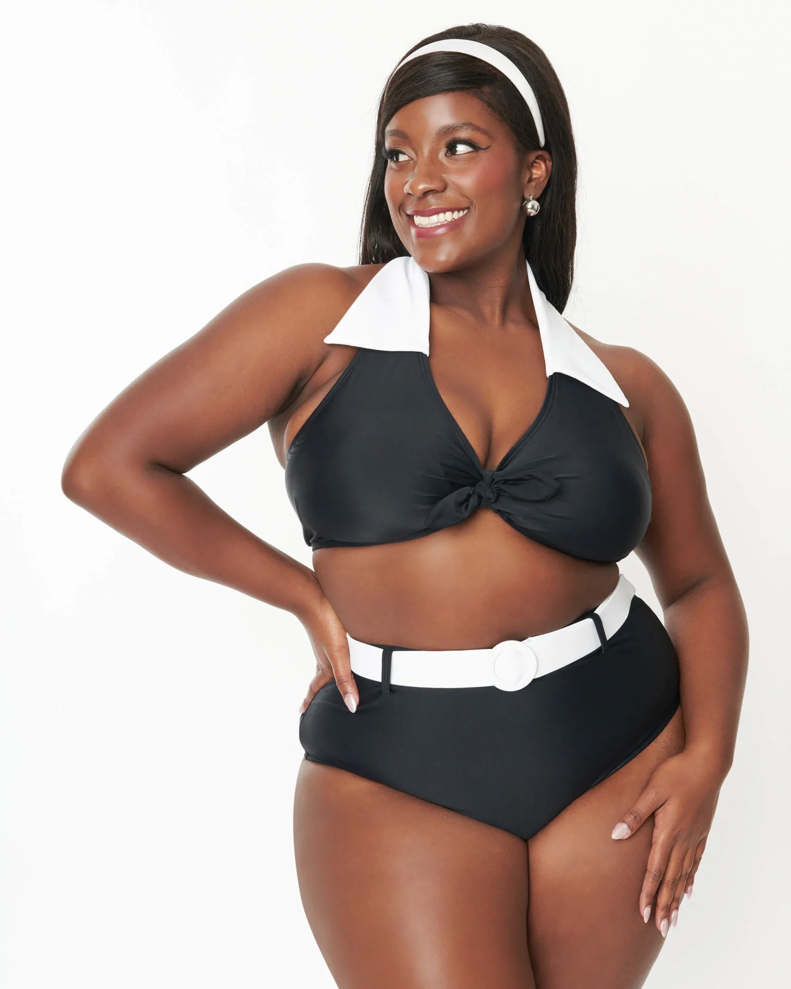 Unique Vintage Black & White Halter Swim Top | Black & White